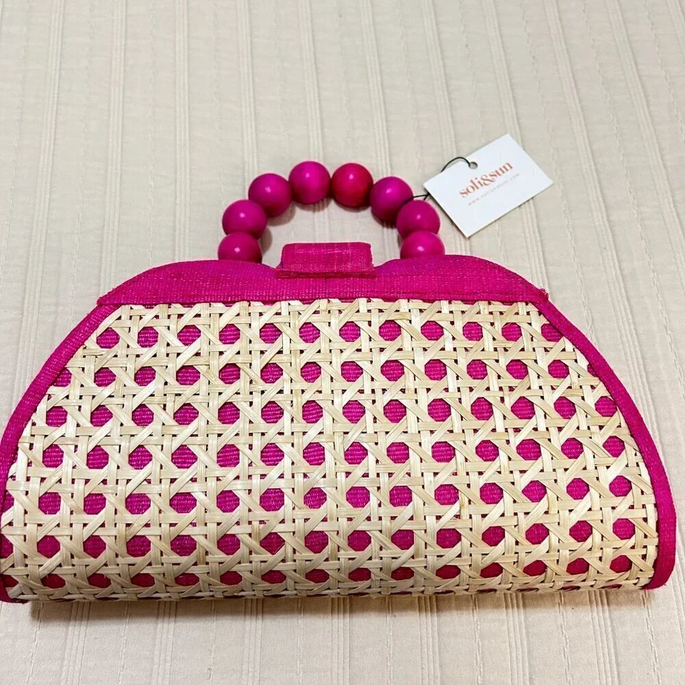 NEW Soli and Sun Isabella Pink Rattan Woven Handbag